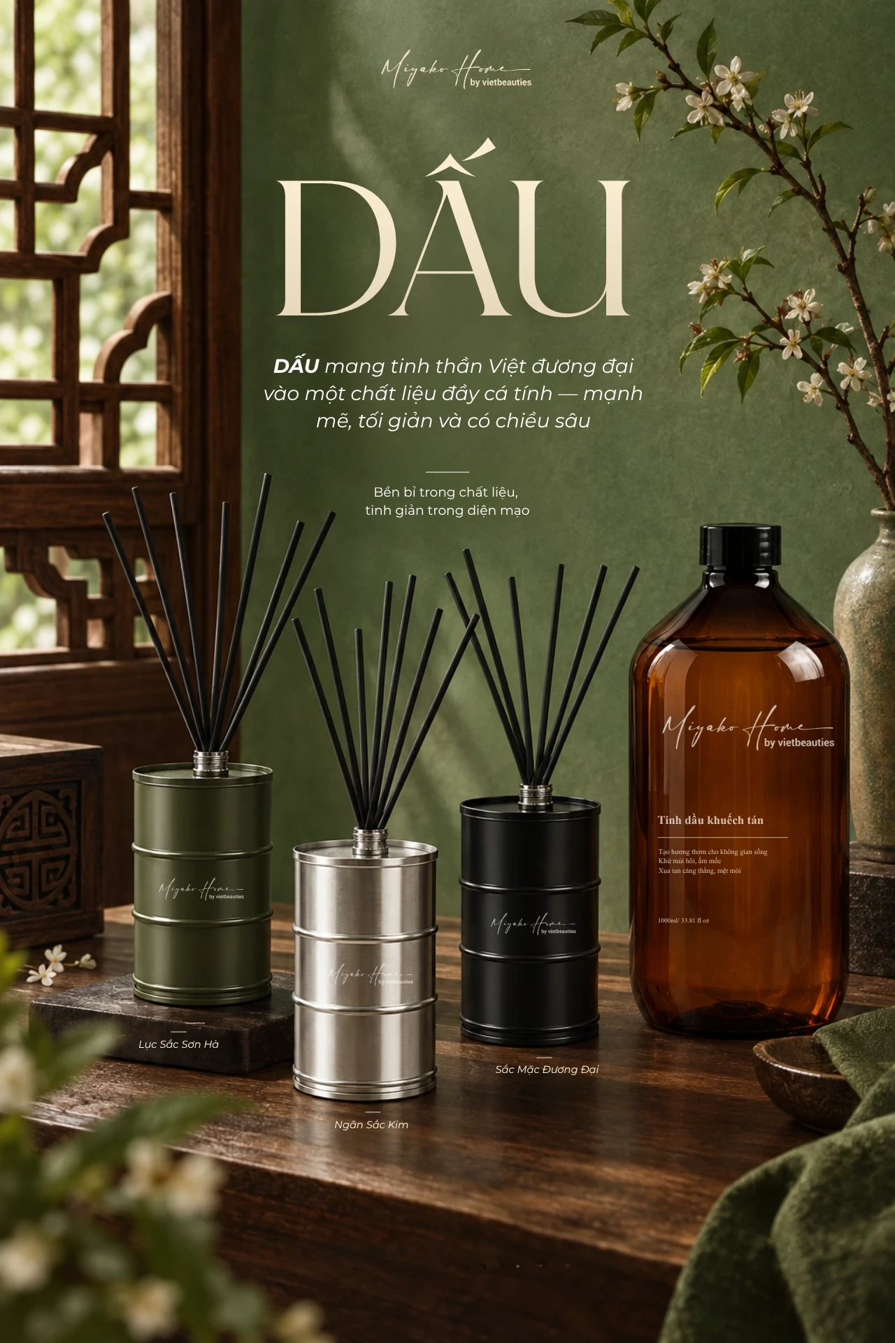 Set DẤU với bình kim loại xanh, bạc và đen